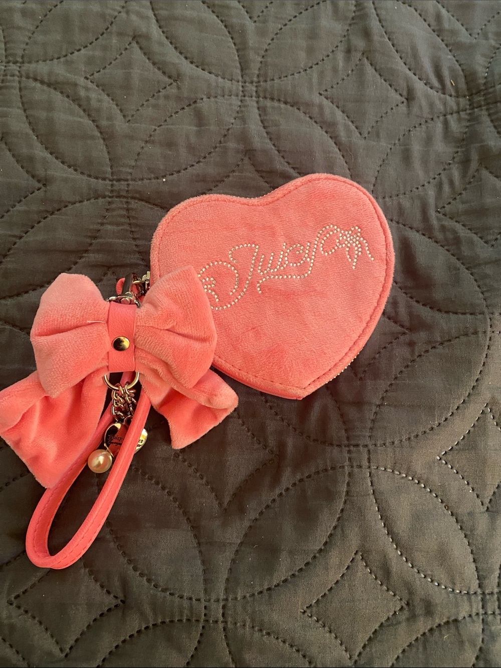 Juicy Couture Coral Pink Heart Wristlet Keychain with Bow